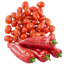 Zoete puntpaprika per zak à 750 gram
of snoeptomaten schaal à 700 gram